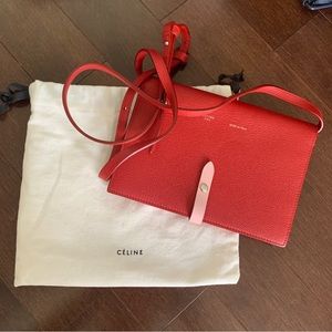 Céline Red Blush Pink Calfskin Wallet Strap Crossbody Multi-Functional Pockets